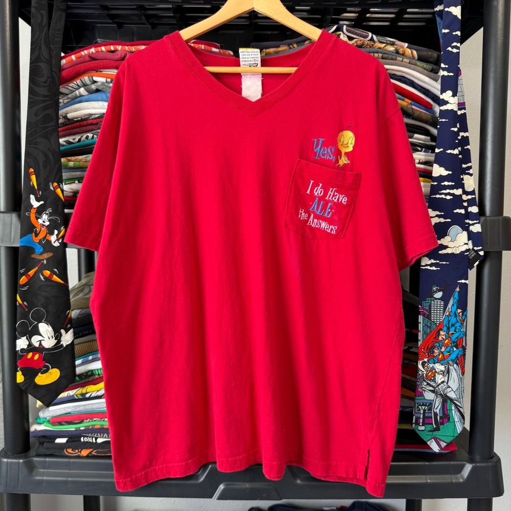 Y2K Red Looney Tunes Tweety Bird Pocket Graphic T-Shirt XL Light Marks